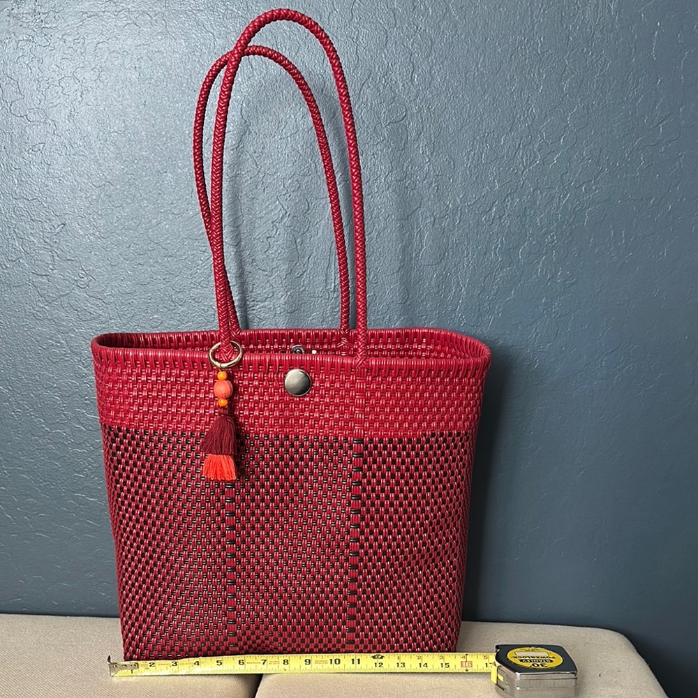 Vibrant Red Structured recycled Tote Bag with Long Handles